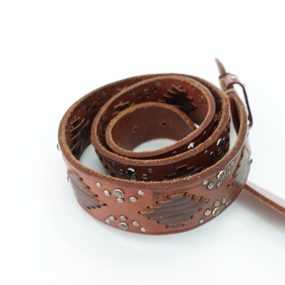 Abercrombie & Fitch Sz S/M Brown Leather Belt Studs Rhinestones Bling Boho Lace - Picture 3 of 12